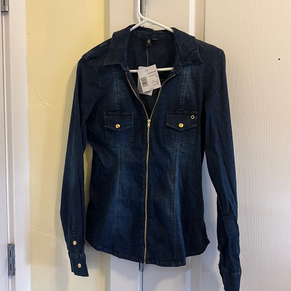 G by Guess dark denim zip blouse